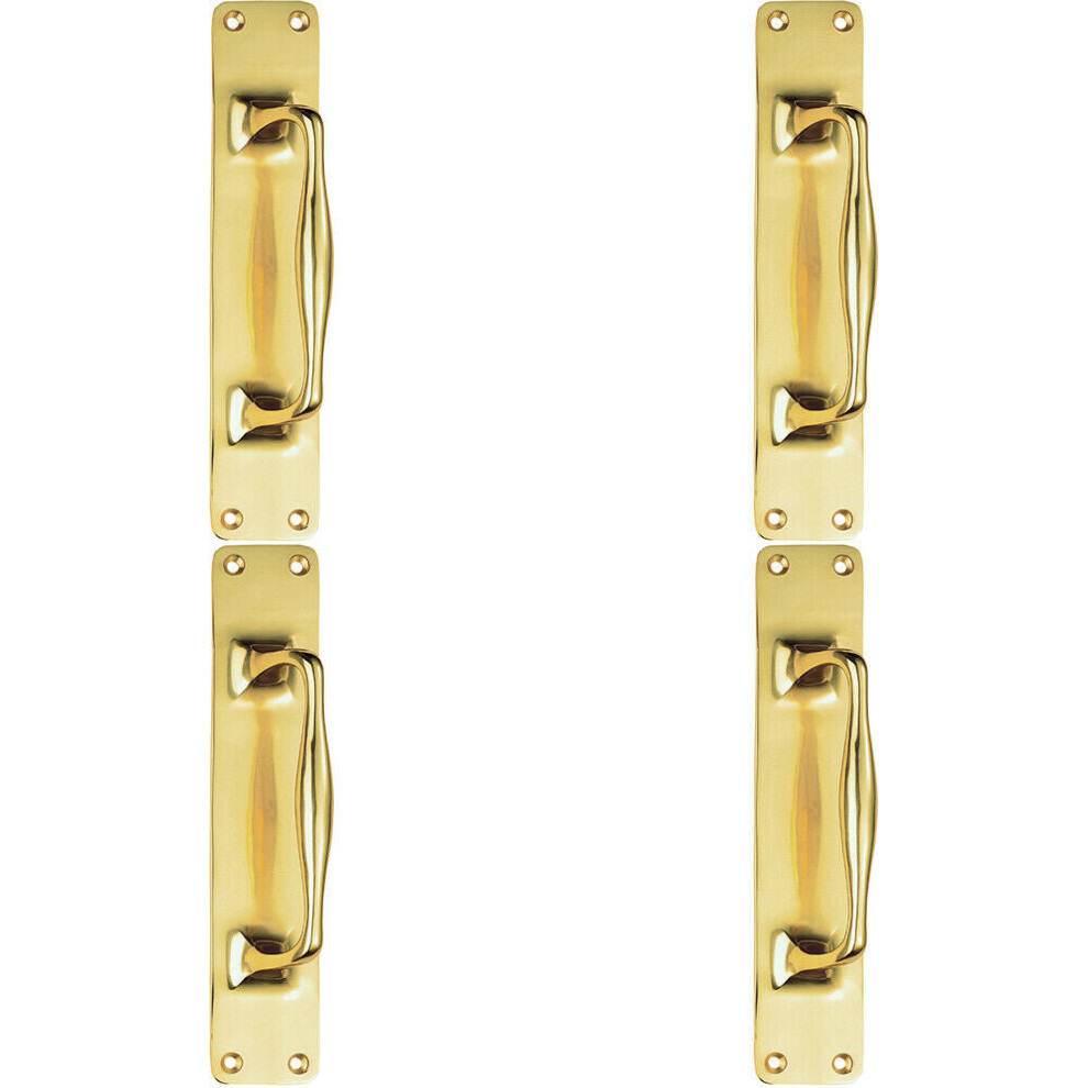 4x One Piece Door Pull Handle on Backplate 297mm Length Polished Brass