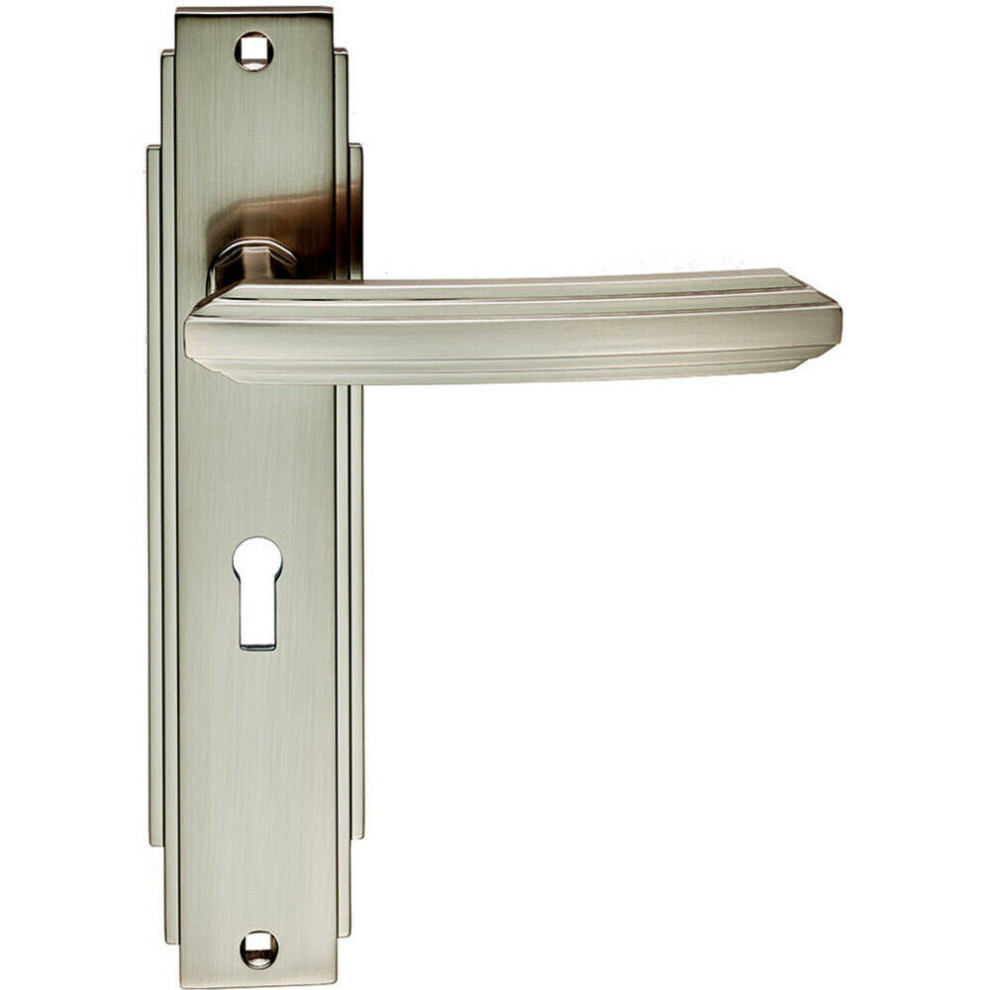 Pair Line Detailed Handle On Lock Backplate 205 X 45Mm Satin Nickel 5056492582925