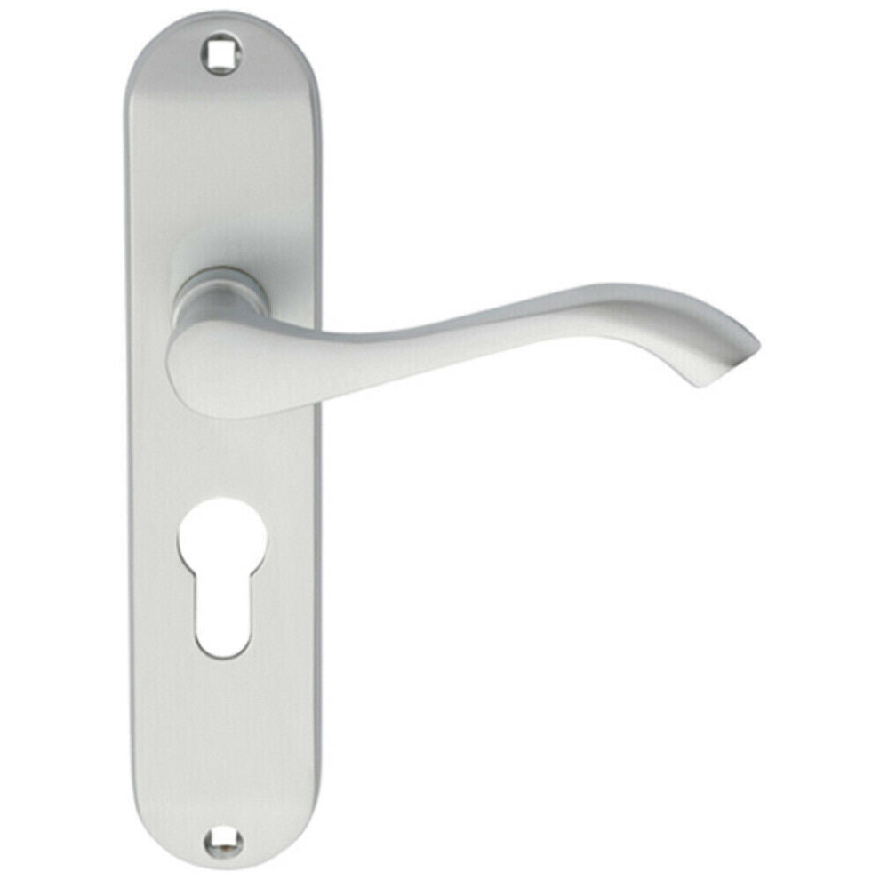 Pair Curved Handle On Chamfered Euro Lock Backplate 180 X 40Mm Satin Chrome 5056492580488