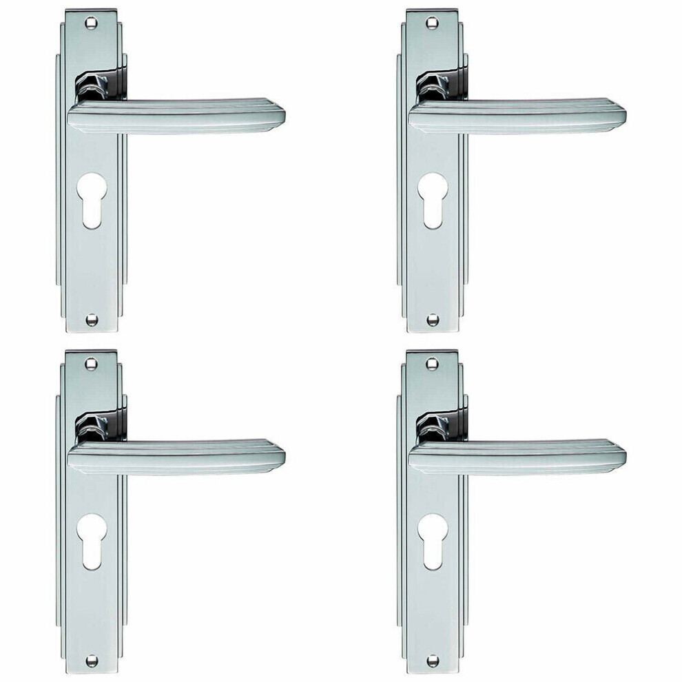 4x PAIR Line Detailed Handle on Euro Lock Backplate 205 x 45mm Polished Chrome