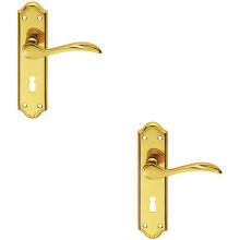 2x PAIR Curved Door Handle Lever on Lock Backplate 180 x 45mm Polished Brass