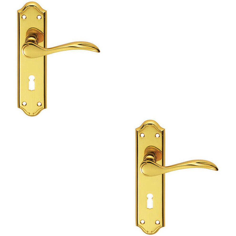 2X Pair Curved Door Handle Lever On Lock Backplate 180 X 45Mm Polished Brass 5056492596687