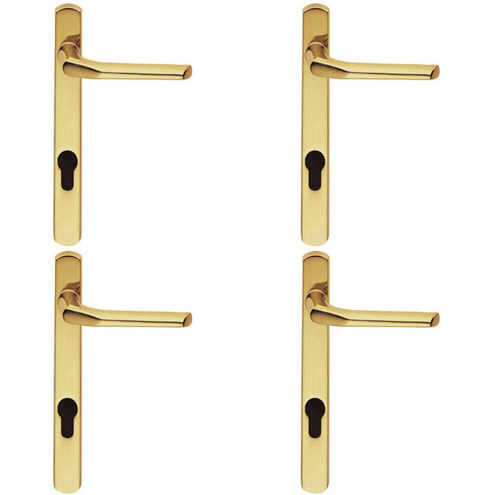 4x Straight Lever Door Handle on Lock Backplate Polished Brass 208mm X 25mm