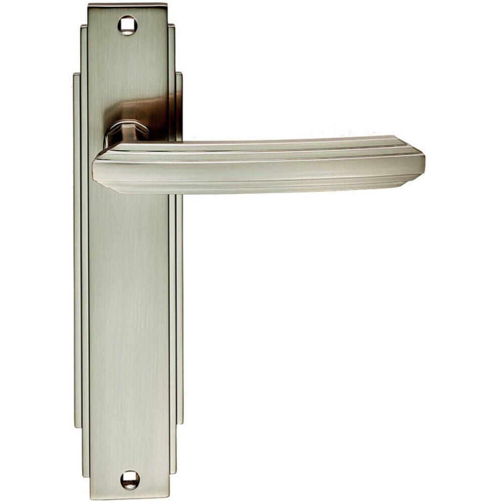Pair Line Detailed Handle On Latch Backplate 205 X 45Mm Satin Nickel 5056492582963
