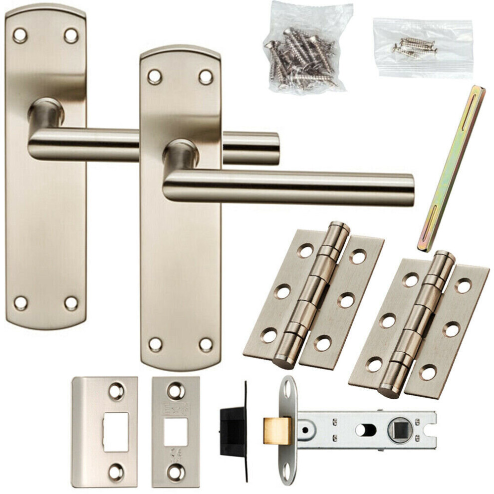 Door Handle & Latch Pack Satin Nickel Modern Mitred Lever on Round Backplate