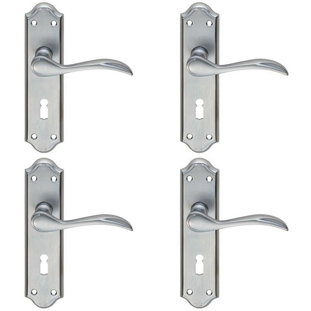 4x PAIR Curved Door Handle Lever On Lock Backplate 180 X 45mm Satin Chrome