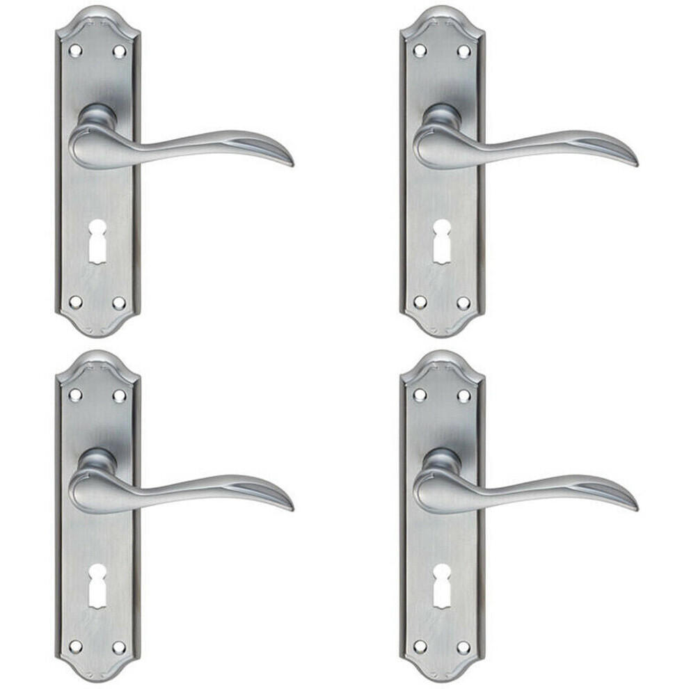 4X Pair Curved Door Handle Lever On Lock Backplate 180 X 45Mm Satin Chrome
