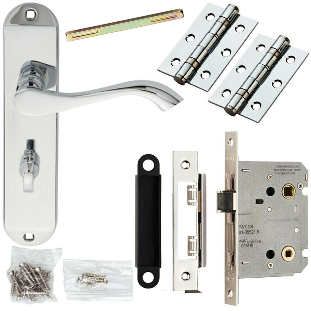 Door Handle & Bathroom Lock Pack Chrome Curved Lever Thumb Turn Backplate