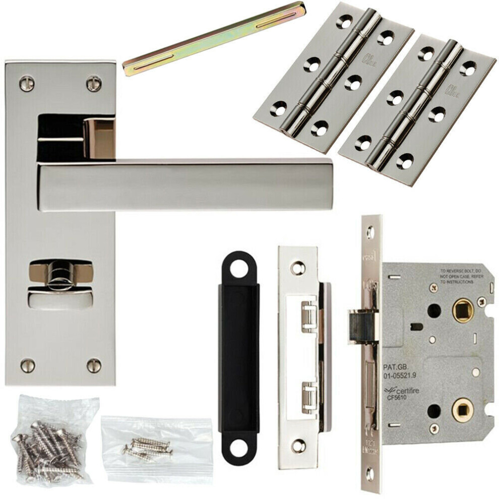 Door Handle & Bathroom Lock Pack Polished Nickel Square Lever Turn Backplate