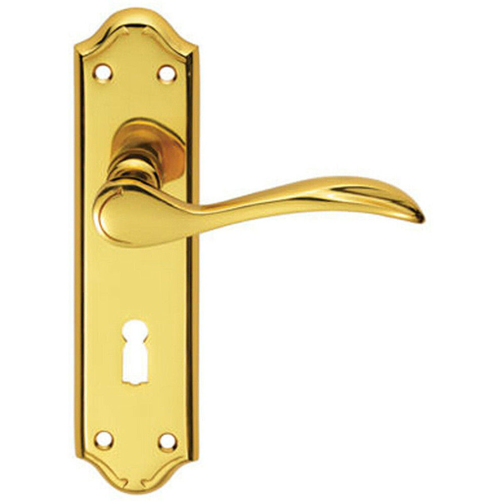 Loops Pair Curved Door Handle Lever On Lock Backplate 180 X 45Mm Polished Brass