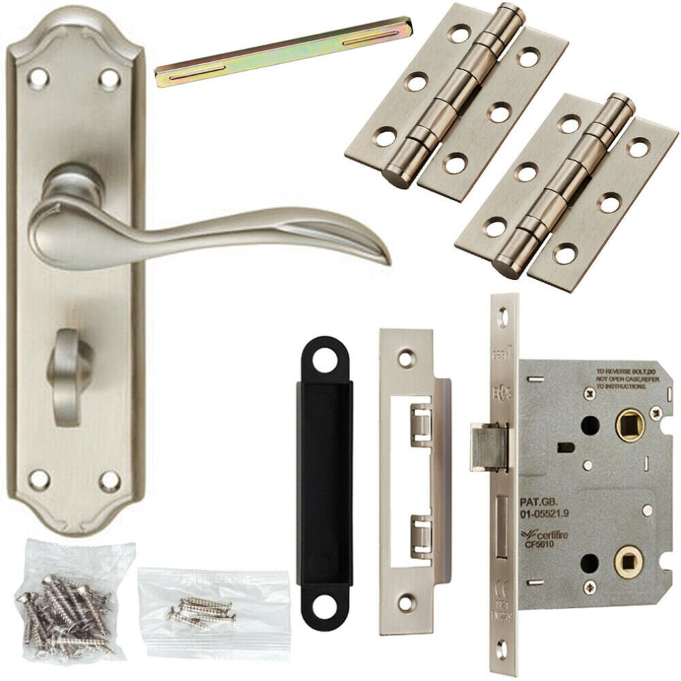 Loops Door Handle & Bathroom Lock Pack Satin Chrome Victorian Curved Ornate Backplate
