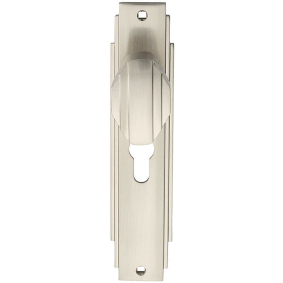 PAIR Line Detailed Door Knob on Euro Lock Backplate 205 x 45mm Satin Nickel