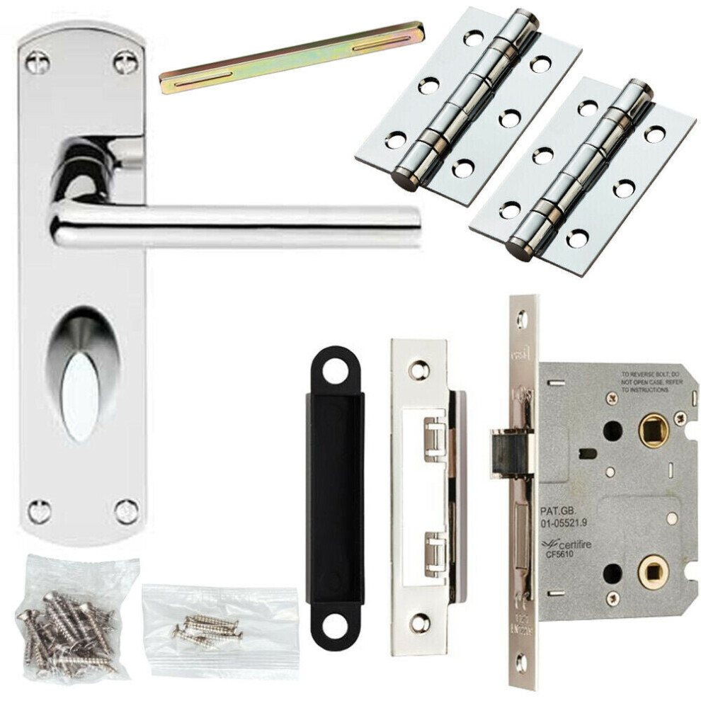 Door Handle & Bathroom Lock Pack Chrome Slim Straight Arm Thumb Turn Backplate