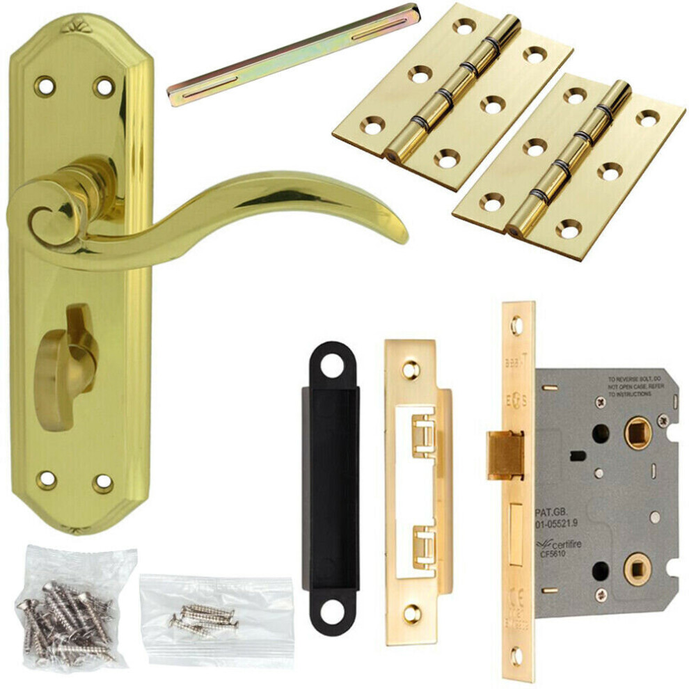 Door Handle & Bathroom Lock Pack Brass Spiral Scroll Thumb Turn Backplate