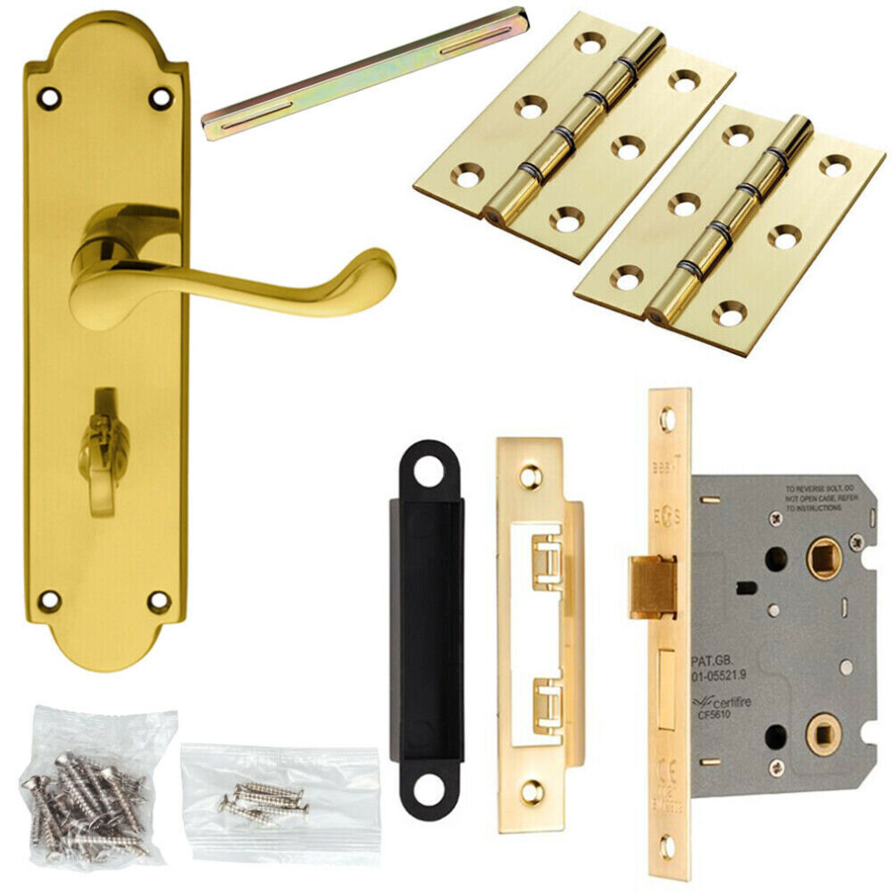 Door Handle & Bathroom Lock Pack Brass Victorian Scroll Ornate Backplate 5056524215999