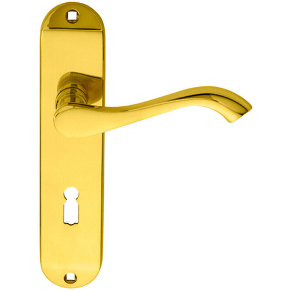 PAIR Curved Handle on Chamfered Lock Backplate 180 x 40mm Polished Brass