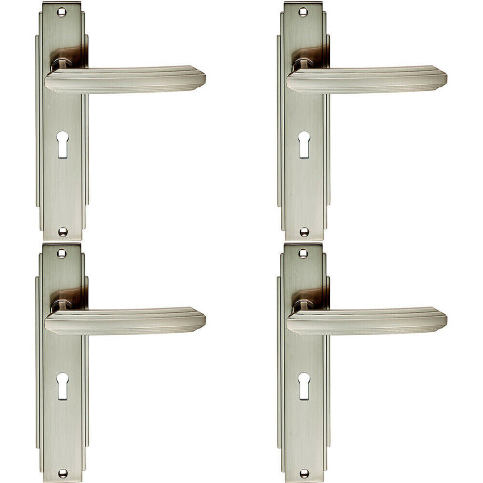 4X Pair Line Detailed Handle On Lock Backplate 205 X 45Mm Satin Nickel 5056524211588