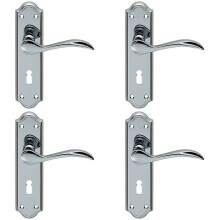 4x PAIR Curved Door Handle Lever on Lock Backplate 180 x 45mm Polished Chrome