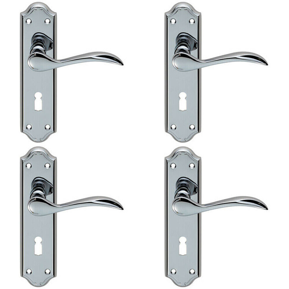 4x PAIR Curved Door Handle Lever on Lock Backplate 180 x 45mm Polished Chrome