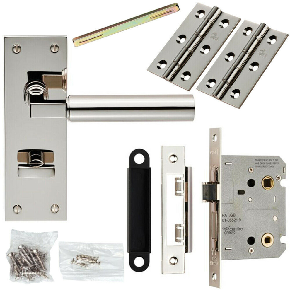 Door Handle & Bathroom Lock Pack Polished Nickel Round Lever Turn Backplate