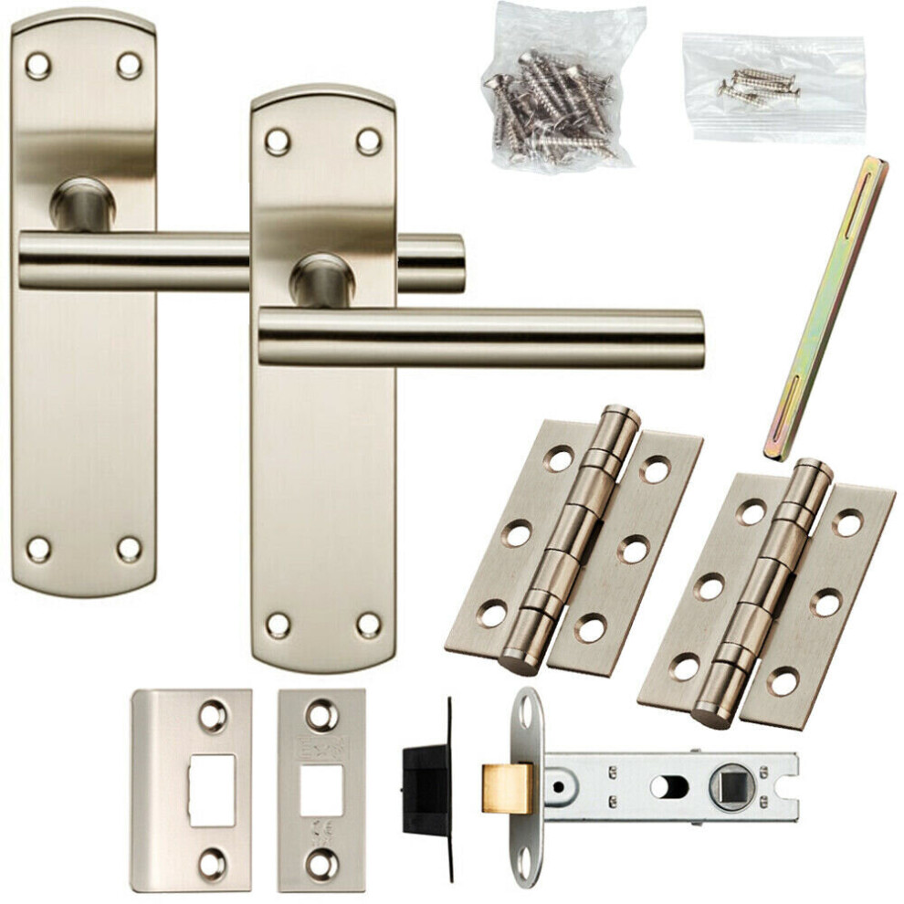 Door Handle & Latch Pack Satin Nickel Modern Mitred T Bar on Round Backplate