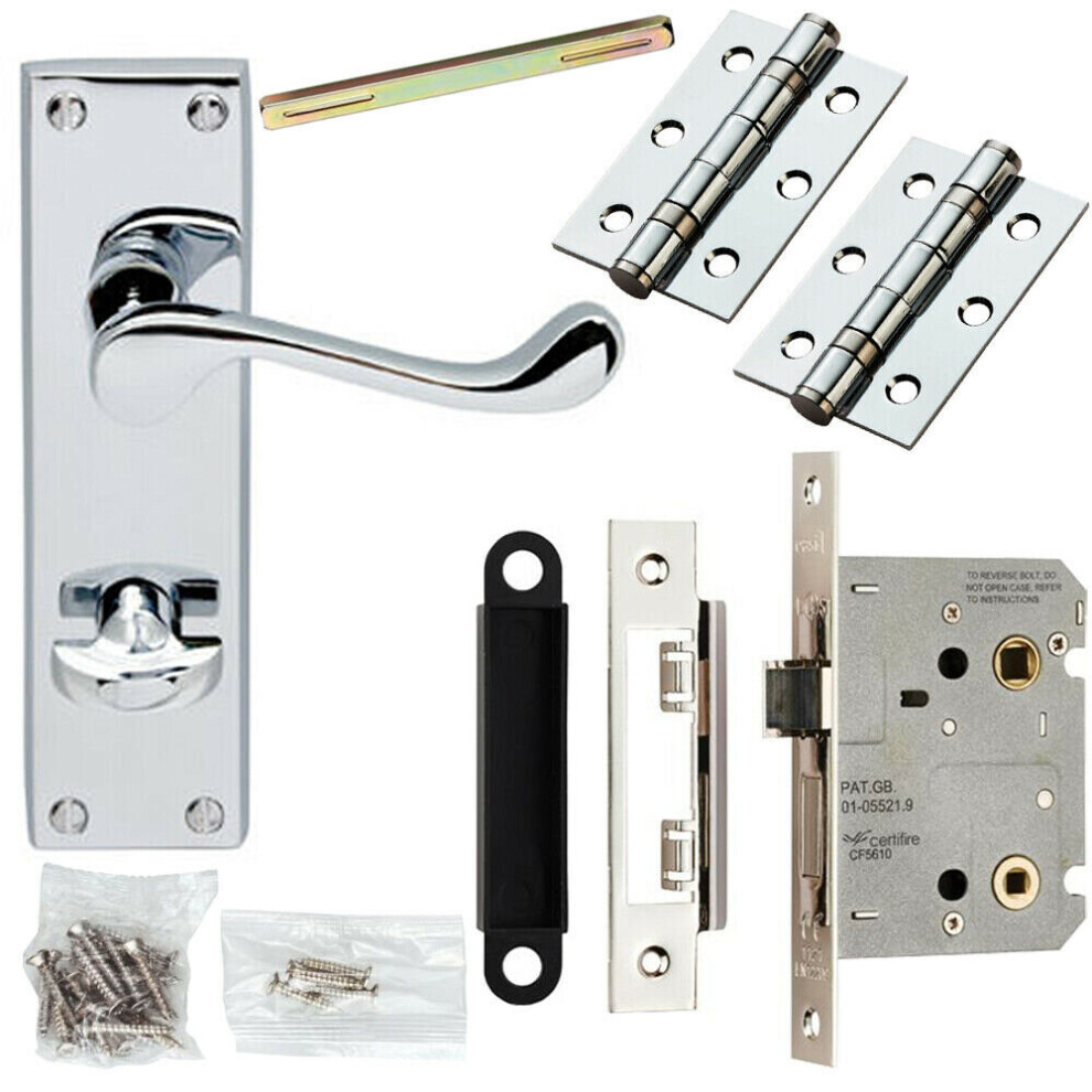 Door Handle & Bathroom Lock Pack Chrome Victorian Scroll Thumb Turn Backplate 5056524213810