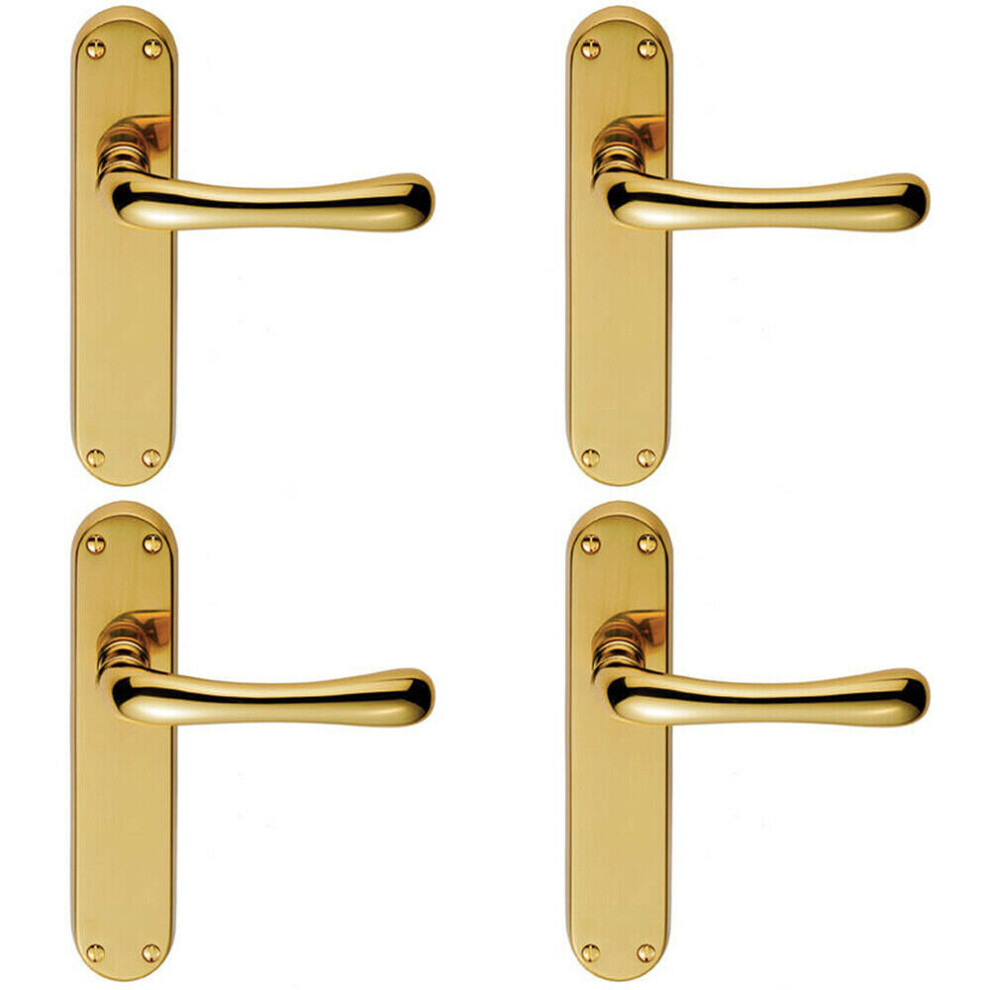 4x PAIR Smooth Rounded Lever on Shaped Latch Backplate 185 x 42mm Polished Brass