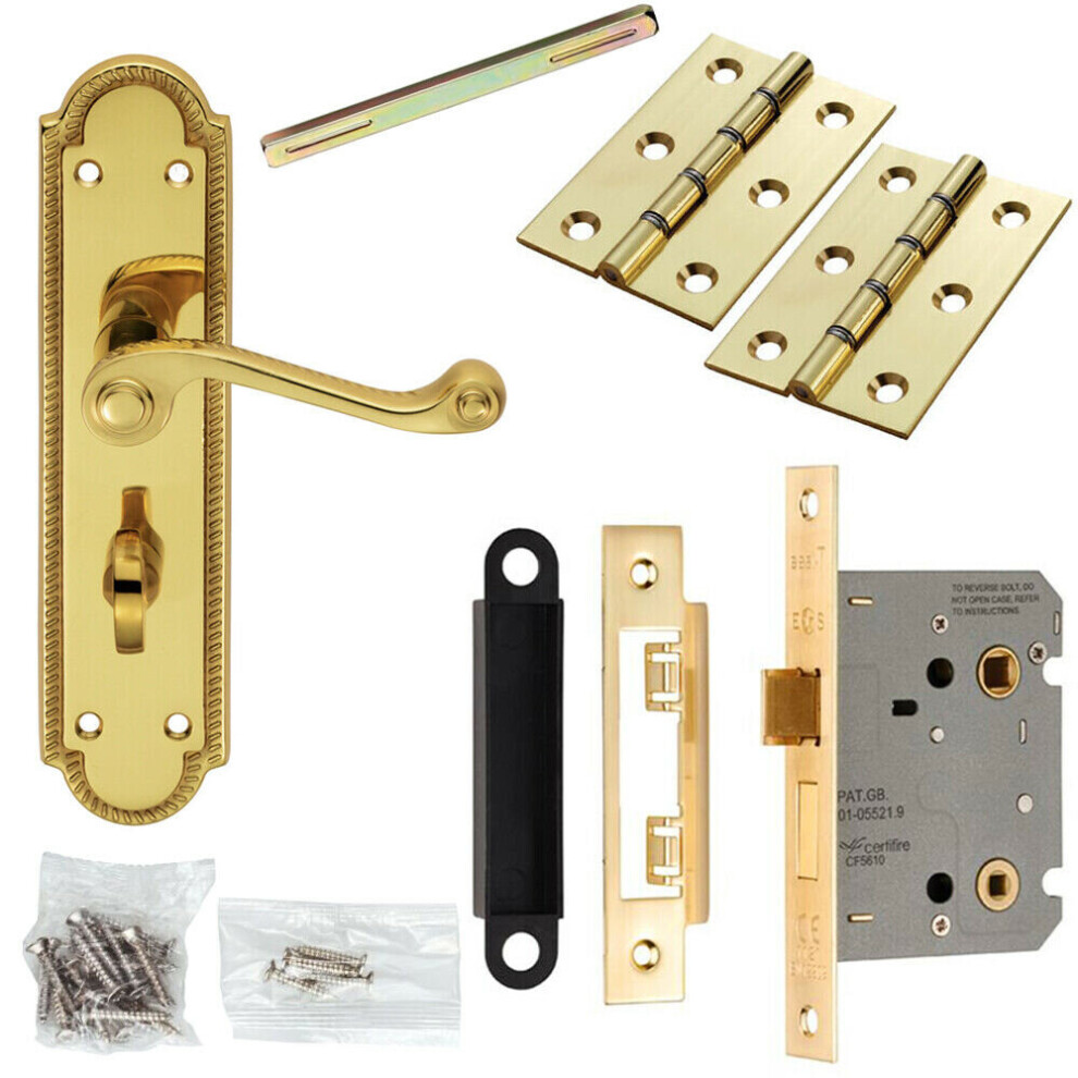Loops Door Handle & Bathroom Lock Pack Brass Scroll Lever Thumb Reeded Backplate
