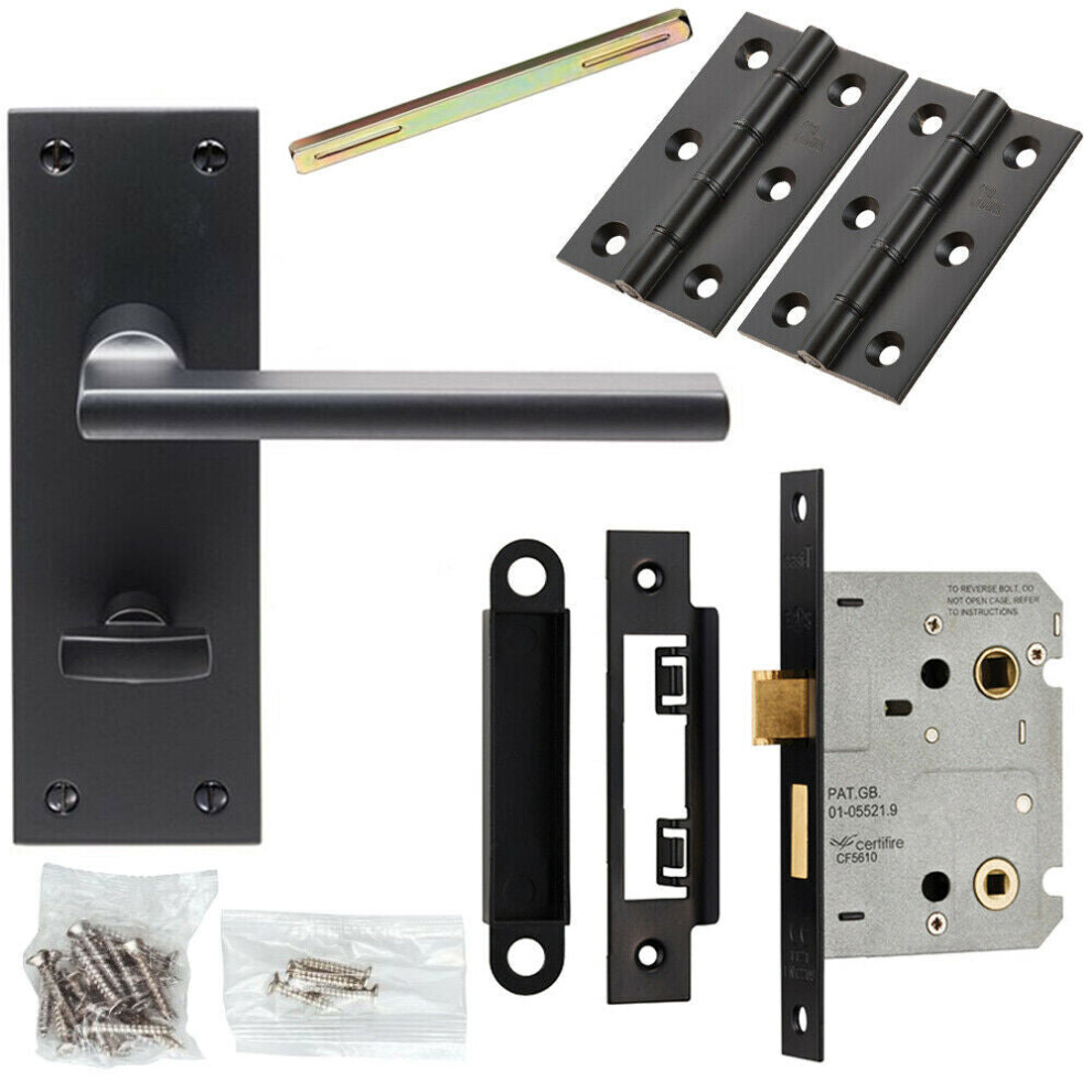 Door Handle & Bathroom Lock Pack Matt Black Straight Lever Turn Backplate