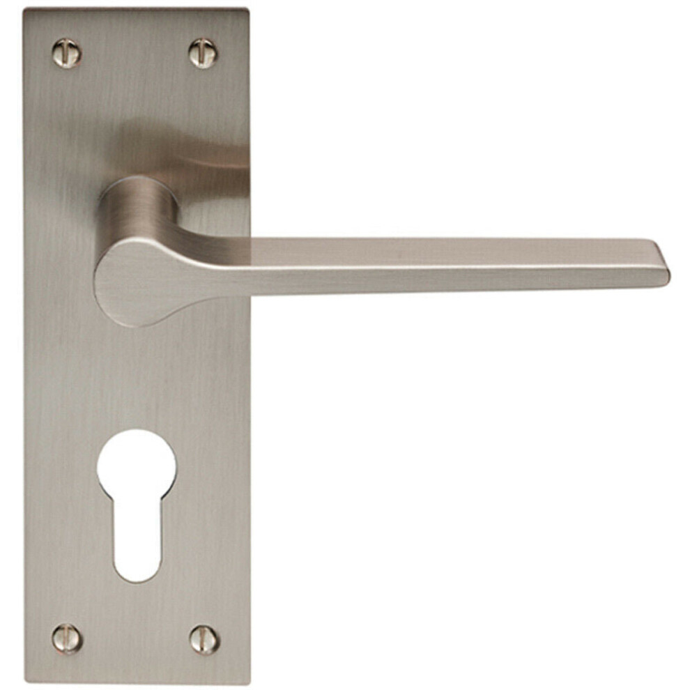 PAIR Flat Straight Lever on Slim Euro Lock Backplate 150 x 50mm Satin Nickel