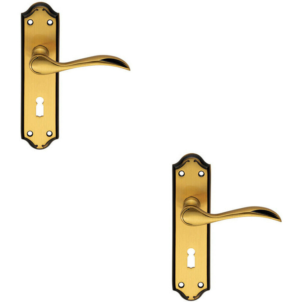 2x PAIR Curved Door Handle Lever on Lock Backplate 180 x 45mm Florentine Bronze