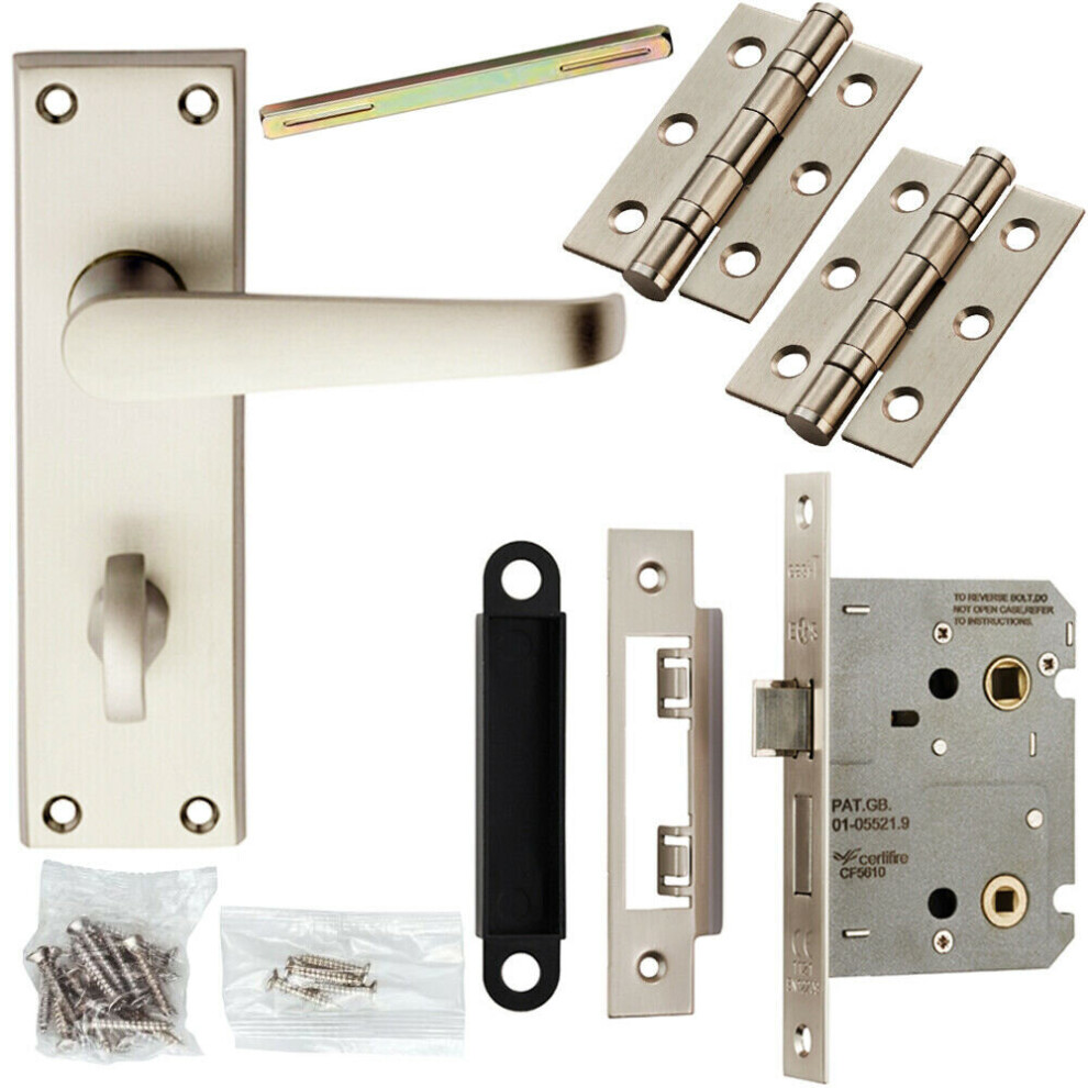 Loops Door Handle & Bathroom Lock Pack Satin Chrome Victorian Straight Lever Backplate