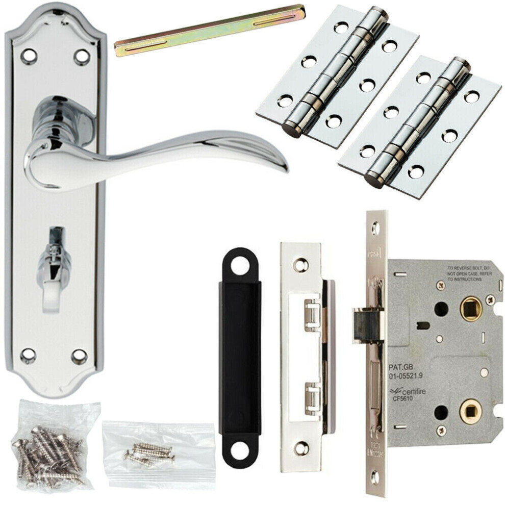 Door Handle & Bathroom Lock Pack Chrome Victorian Curved Thumb Turn Backplate