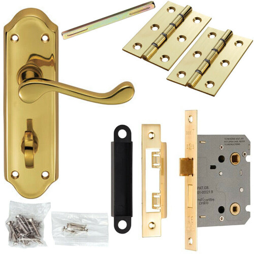 Loops Door Handle & Bathroom Lock Pack Brass Victorian Scroll Lever Turn Backplate