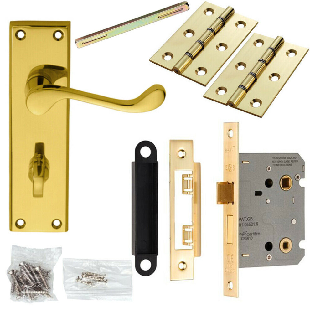 Door Handle & Bathroom Lock Pack Brass Victorian Scroll Lever Backplate