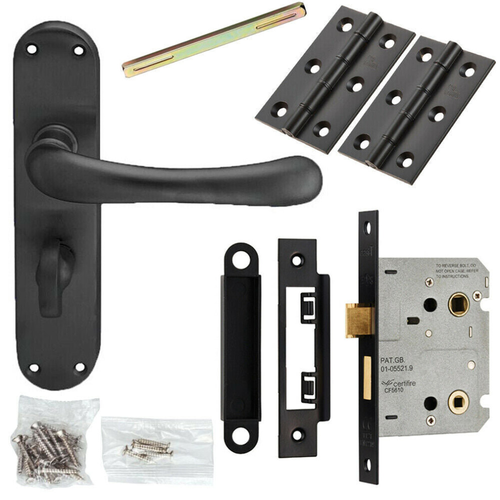 Door Handle & Bathroom Lock Pack Matt Black Smooth Round Lever Turn Backplate