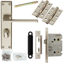 Door Handle & Bathroom Lock Pack Satin Chrome Flat Arm Square Thumb Backplate