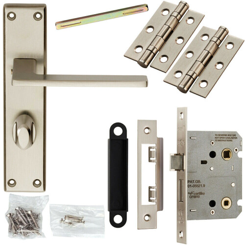 Loops Door Handle & Bathroom Lock Pack Satin Chrome Flat Arm Square Thumb Backplate
