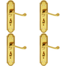 4x PAIR Reeded Scroll Lever on Shaped Bathroom Backplate 205 x 49mm Brass