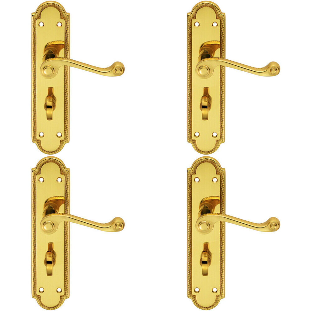 4x PAIR Reeded Scroll Lever on Shaped Bathroom Backplate 205 x 49mm Brass