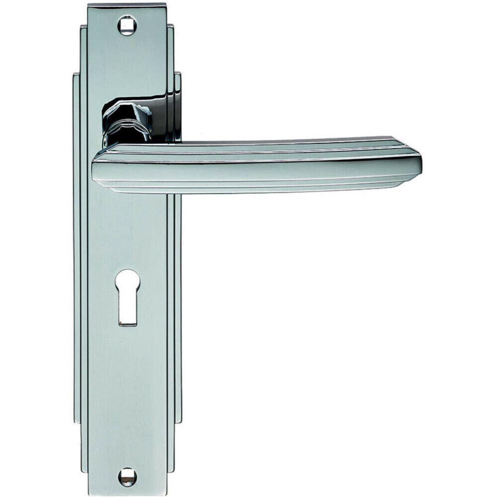 Pair Line Detailed Handle On Lock Backplate 205 X 45Mm Polished Chrome 5056492582918
