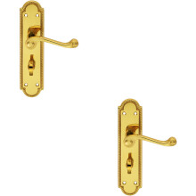 2x PAIR Reeded Scroll Lever on Shaped Bathroom Backplate 205 x 49mm Brass