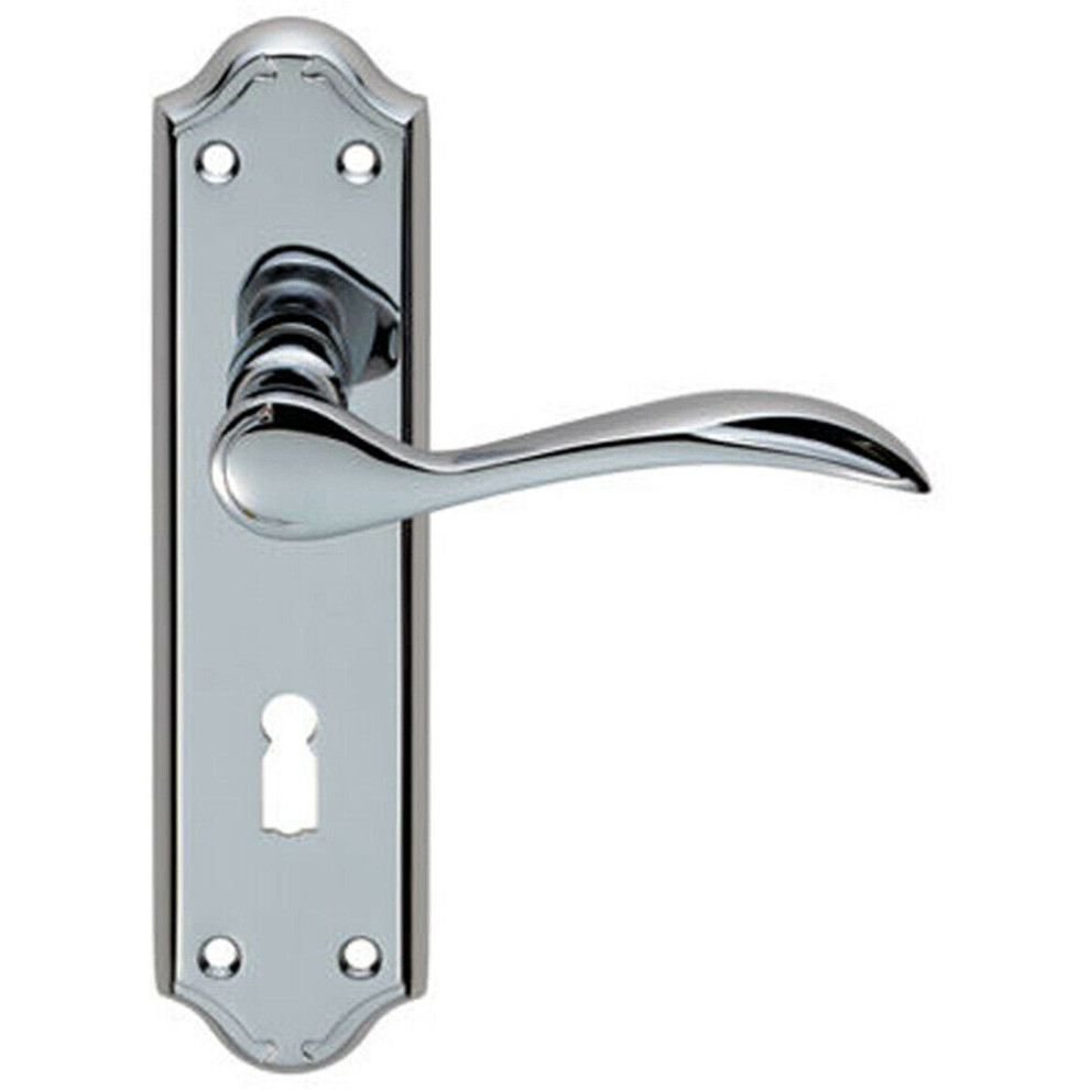 PAIR Curved Door Handle Lever on Lock Backplate 180 x 45mm Polished Chrome