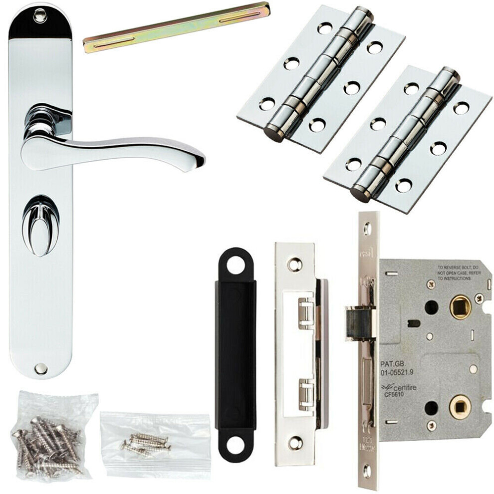 Door Handle & Bathroom Lock Pack Chrome Scroll Thumb Turn Round Tall Backplate