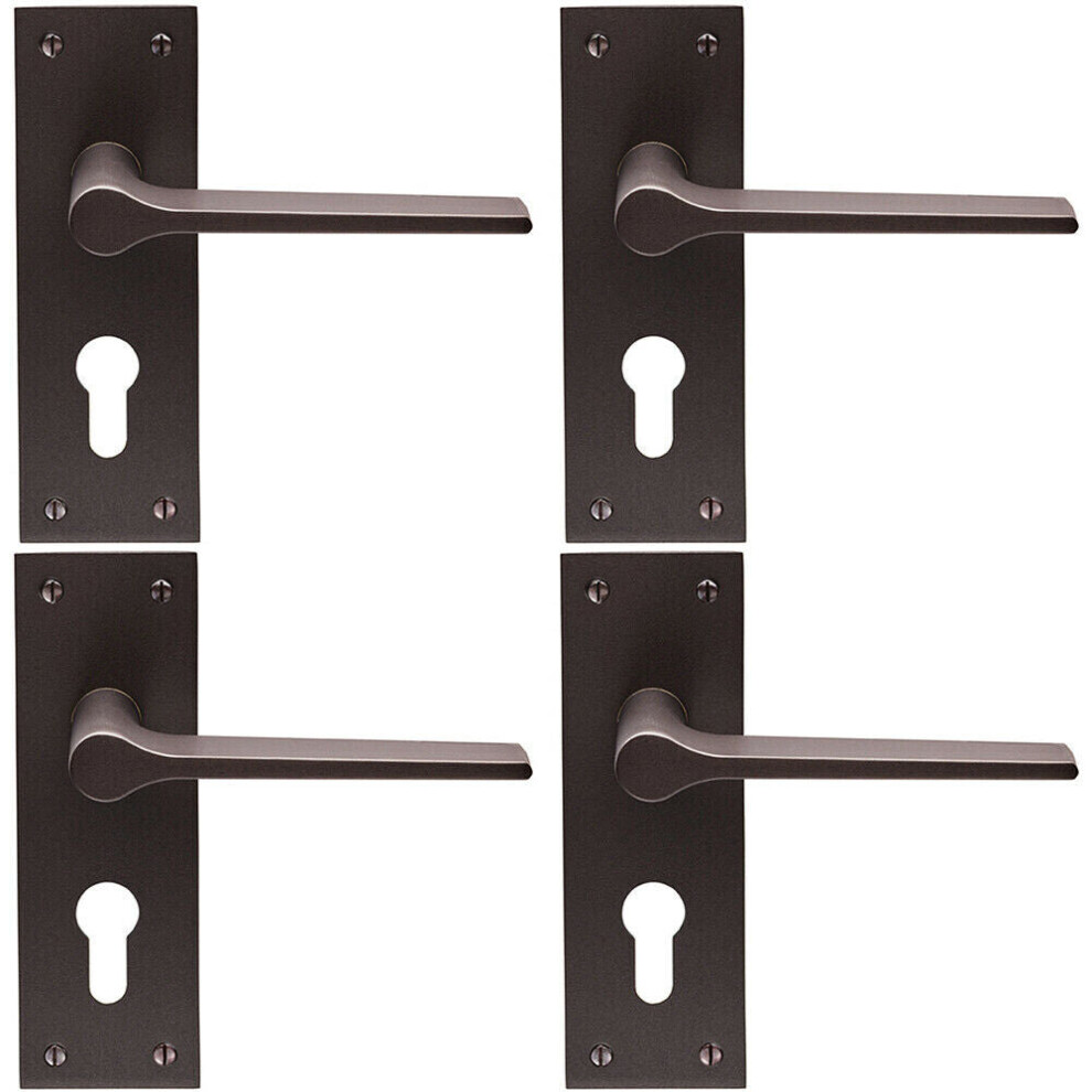 4X Pair Flat Straight Handle On Slim Euro Lock Backplate 150 X 50Mm Matt Bronze 5056524211281