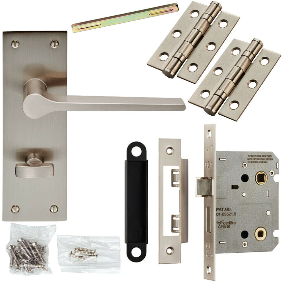 Door Handle & Bathroom Lock Pack Satin Nickel Low Profile Straight Backplate