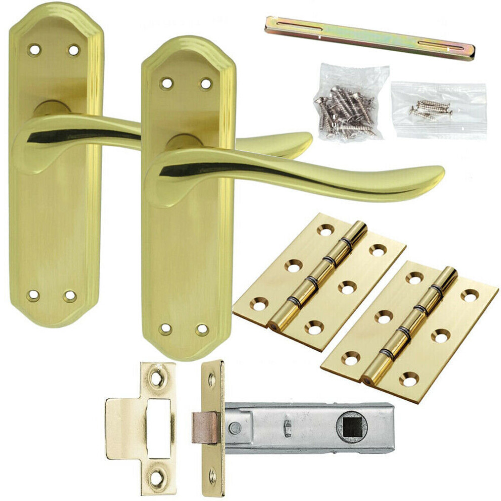 Door Handle & Latch Pack Brass Modern Curved Sculpted Lever Ornate Backplate