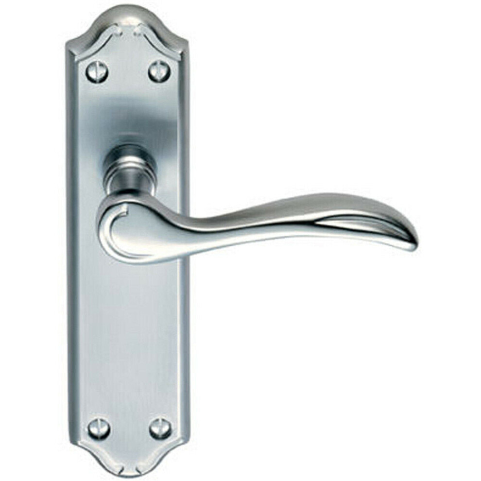 Pair Curved Door Handle Lever On Latch Backplate 180 X 45Mm Satin Chrome
