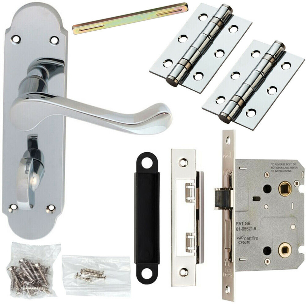 Loops Door Handle & Bathroom Lock Pack Chrome Upturned Scroll Thumb Turn Backplate