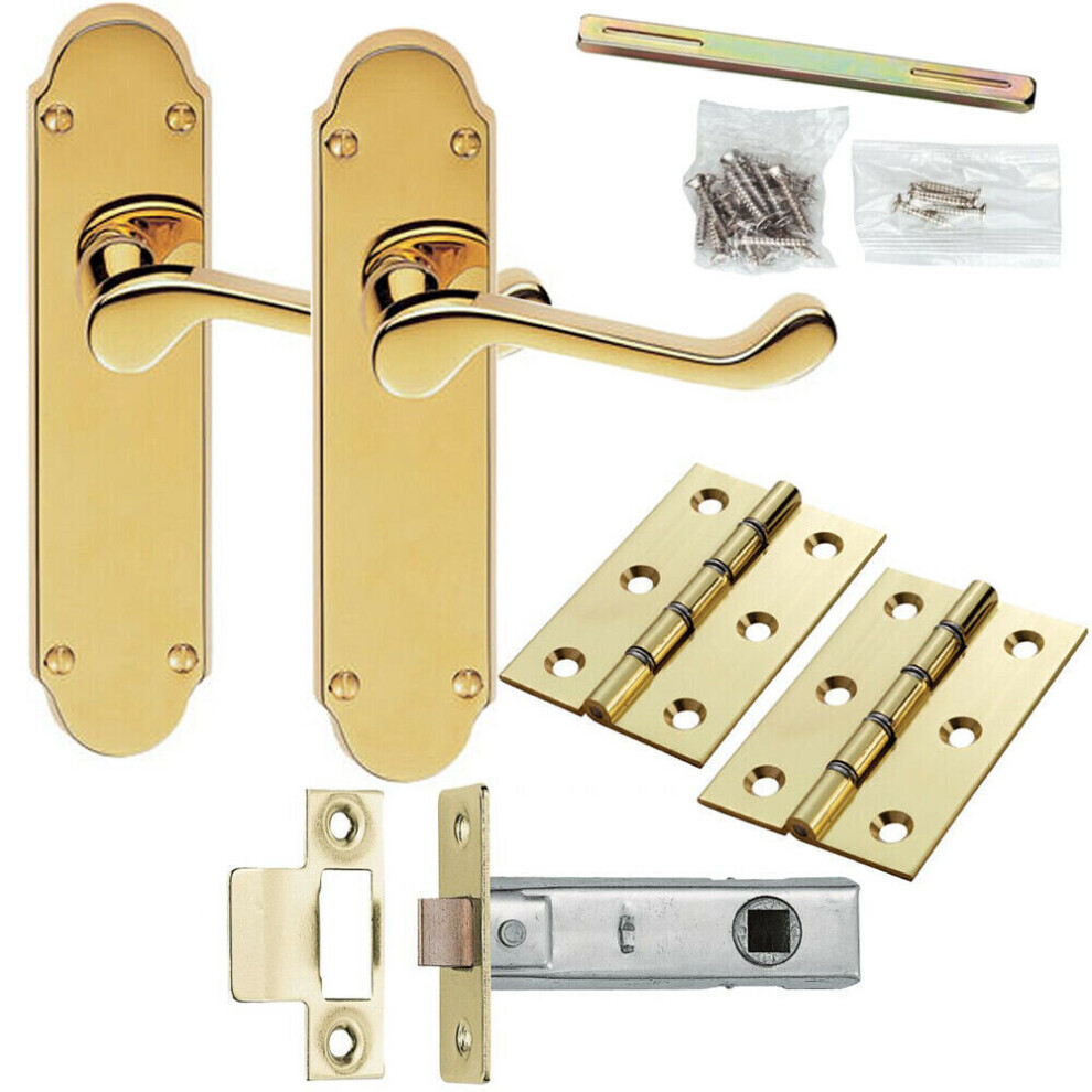 Door Handle & Latch Pack Brass Modern Upturned Curved Slim Ornate Backplate